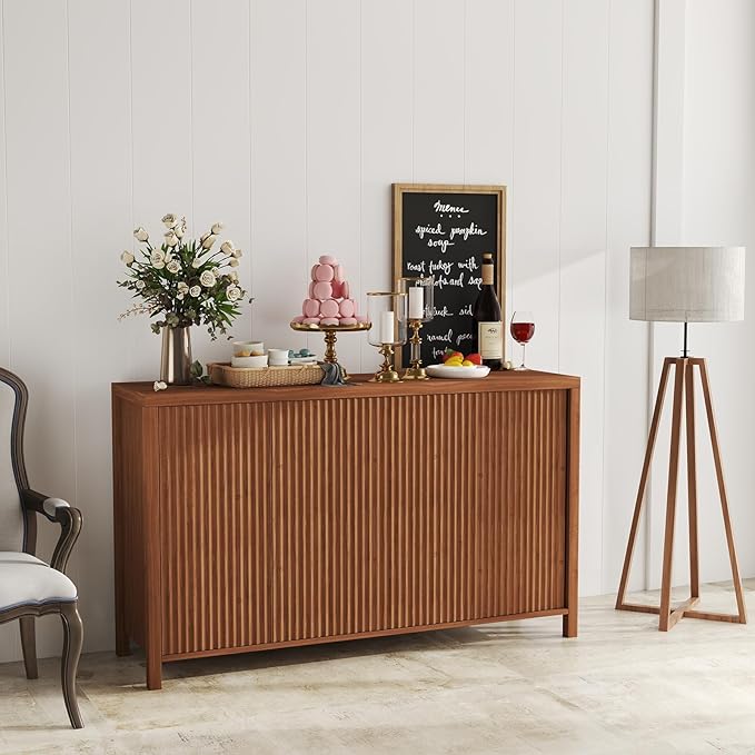 YOUDENOVA Fluted Buffet Cabinet with Storage, Modern Sideboard Cabinets with 4 Doors & Adjustable Shelves, Accent 56” Credenza Storage Cabinet, Wood Entryway Cabinet for Living Room Hallway, Brown