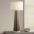 Possini Euro Design Karen Modern Table Lamp 37 1/2" Tall with Clear Round Riser Dark Gold Glass Column Off White Fabric Drum Shade for Bedroom Living Room House Bedside Nightstand Office Entryway