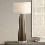 Possini Euro Design Karen Modern Table Lamp 37 1/2" Tall with Clear Round Riser Dark Gold Glass Column Off White Fabric Drum Shade for Bedroom Living Room House Bedside Nightstand Office Entryway