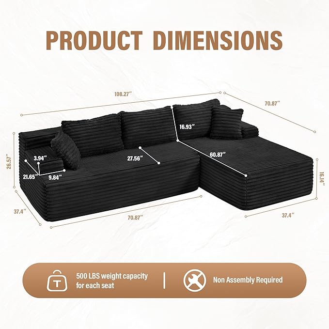Hobestluk Modular Sectional Couch Sofa, 108" Boneless Couches for Living Room, Memory Foam Sectional Couch with Oversized Chaise,L-Shape Couches (Black, Right Facing)
