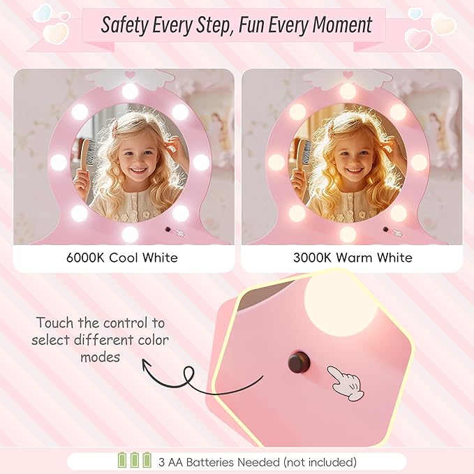 TOLEAD Girls Vanity with Lights, Mirror and Stool, Kids Make Up Vanity Set with Storage Space, Wing Pattern for Little Girls, Toddler Princess Makeup Dressing Table with Chair Set, Pink