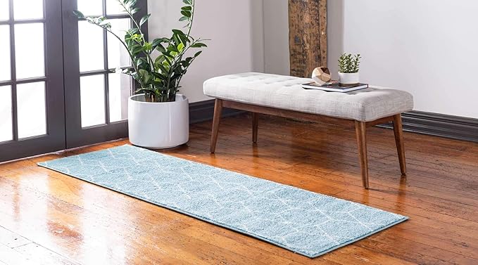Unique Loom Trellis Frieze Collection Area Rug - Geometric (2' x 8' 8" Runner, Light Blue/ Ivory)