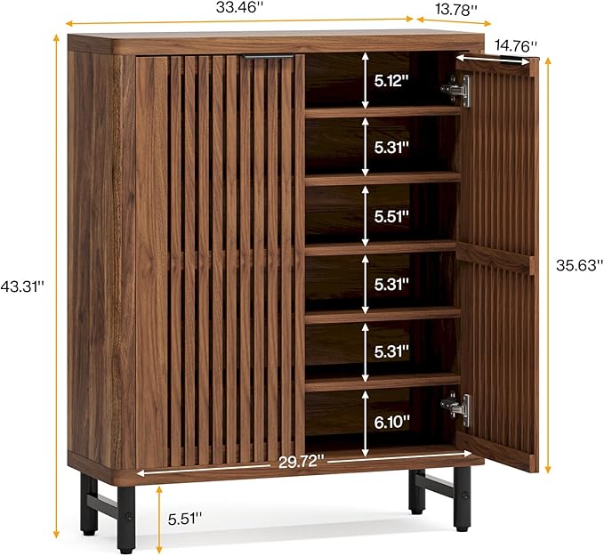 Tribesigns 6-Tier Farmhouse Shoe Cabinet with Shutter Doors, Wooden Shoe Organizer Rack with Adjustable Shelves, Modern Large Hidden Storage Furniture for Entryway, Hallway (Black&Brown)