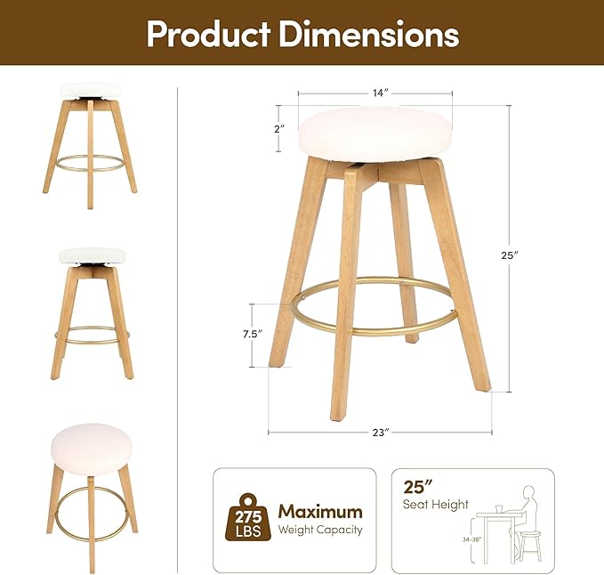 Swivel Premium Solid Wood Counter Stool 25", 360° Rotating Upholstered Cushion, Backless Bar Chair for Island, Pub, Kitchen, Dining Room (Light Oak)