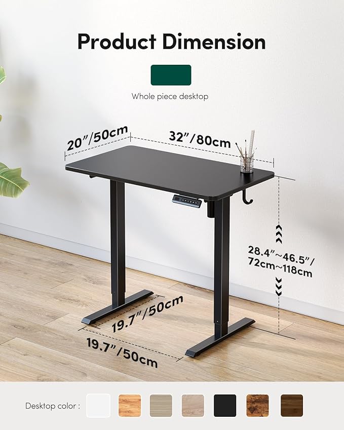 FEZIBO One-Piece Standing Desk Adjustable Height Stand up Home Office Desk, 32x20 Inch Electric Standing Computer Desk, with 4 Memory Presets, Headphone Hook, Black