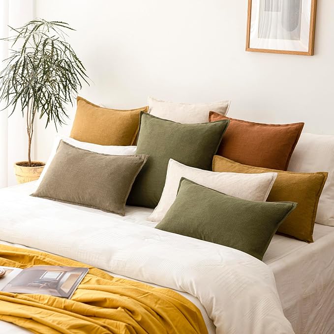 Foindtower Pack of 2, Decorative Linen Soild Throw Pillow Covers Soft Accent Cushion Case Boho Farmhouse Pillowcase for Chair Couch Sofa Bedroom Living Room Home Decor 18 x 18 Inch Olive Green