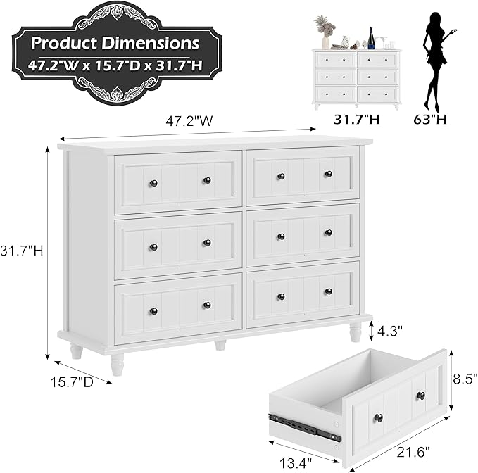 Scurrty Antique 6 Drawer Dresser, Modern Chest of Drawers, Large Cabinet with Storage, Big Dresser for Clothes in Living Room, Bedroom (White)