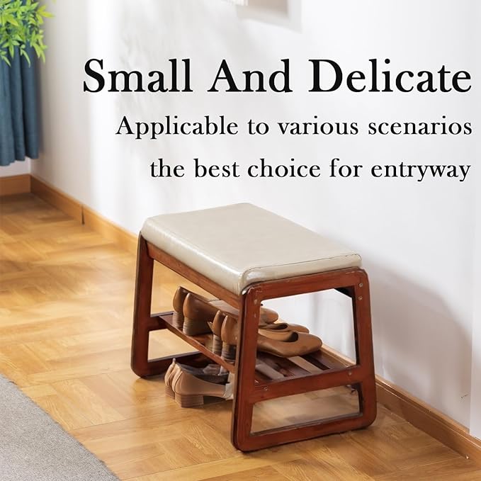 latifolia Solid Wood Bench, Entryway Shoe Bench with Cushion, 2 Tier Shoe Storage Organizer for Hallway, Living Room(Grey,21.65''L)