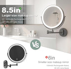 Hasipu 8.5-Inch Wall Mounted Makeup Mirror with Magnification, Rechargeable 2000 mAh Vanity Mirror with Lights, Bathroom Mirror with Dimmable Brightness, 3 Lighting Modes, Extendable Arm, Black