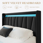 SHA CERLIN Full Size Bed Frame with Charging Station and LED Lights, Modern Velvet Platform Bed with Upholstered Geometric Wingback Headboard, No Box Spring Needed, Easy Assembly, Black