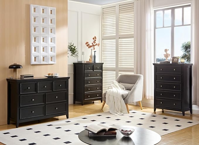 Black Dresser for Bedroom,7 Drawer Dresser, Modern 7 Chest of Drawers for Living Room, Farmhouse Style Storage Cabinet for Living Room, Dining Room, Entryway