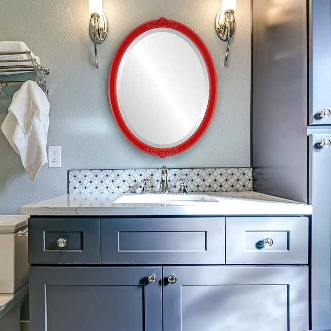 OVALCREST Oval Beveled Wall Mirror for Home Decor - Athena Style - Holiday Red - 26" x 20" Outside Dimensions