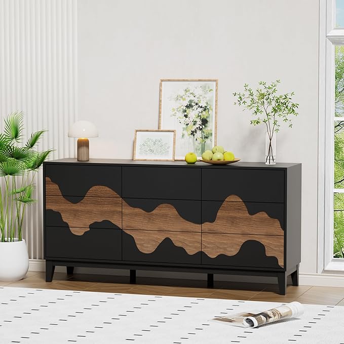 UEV 9 Drawer Dresser for Bedroom, 63" Long Mid-Century Modern Chest of Drawers with Unique Water Stream Pattern, Wooden Dressers Organizer for Living Room, Nursery (Black and Brown)