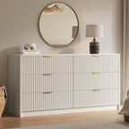 3-Piece Dresser Bedroom Set, 6 Drawer Dresser & 3 Drawer Nightstands with Gold Handles, Fluted Wood Chest of Drawers for Bedroom, Living Room, Entryway, Beige