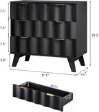 3 Drawer Dresser, Fluted Chest of Drawers with Handles for Closet, Large Nightstand with 3 Drawers Accent Cabinet for Bedroom, Living Room, Hallway (Black)