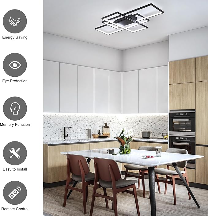 GEADI Large Modern LED Ceiling Light, 35.4" Dimmable Flush Mount Ceiling Lights with Remote Control, Black 3 Rectangular Light Fixtures for Kitchen Bedroom Dining Room(3000-6500K)