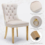 Velvet Upholstered Dining Chairs Set of 4, Modern Style Kitchen Side Chairs with Nailhead Trim and Gold Plated Leg, Metal Pulling Ring for Dining Room Living Room(Beige-Gold Plated Leg)