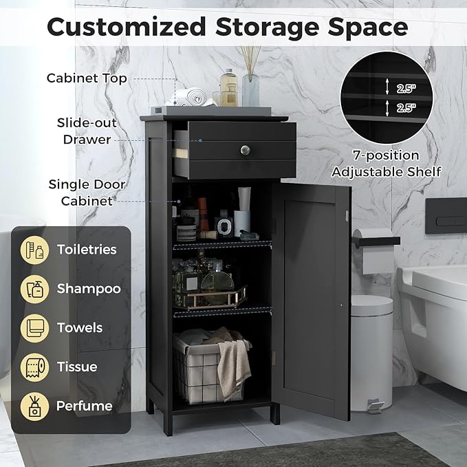 LOKO Bathroom Floor Cabinet, Modern Single Door Storage Cabinet with Drawer & Adjustable Shelves, Corner Narrow Storage Organizer for Living Room, Entryway (Black)