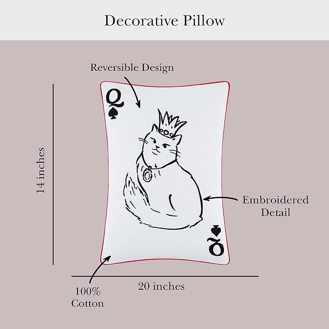 Kate Spade New York Queen of Spades Reversible Decorative Pillow, 14" x 20" Throw Pillow for Bed or Sofa, Cotton Cover, Black, White, Pink and Red, 14 x 20