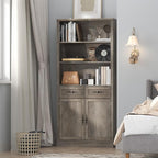 72'' Tall Bookcase with Doors and Drawers, Adjustable Shelves, P2 MDF Construction, 32'' Wide Freestanding Cabinet with Metal Handles, Hidden Storage for Living Room, Bedroom, Grey