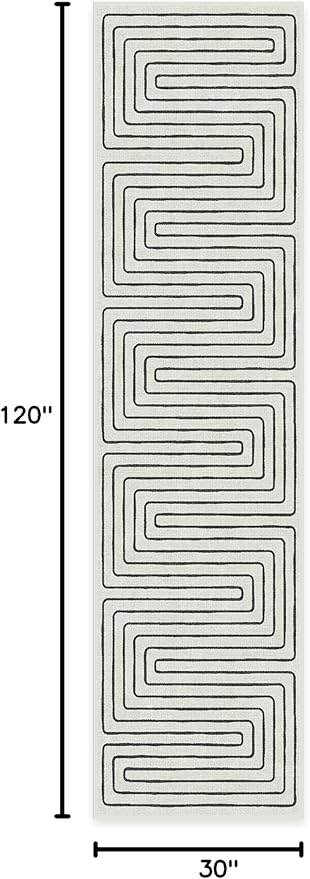 RUGGABLE x Jonathan Adler Machine Washable Modern Runner Rug – Labyrinth Black/Ivory 2.5x10, Stain-Resistant, Non-Slip – Washable Rug for Hallway, Entryway, Living Room & Kitchen–with Standard Pad
