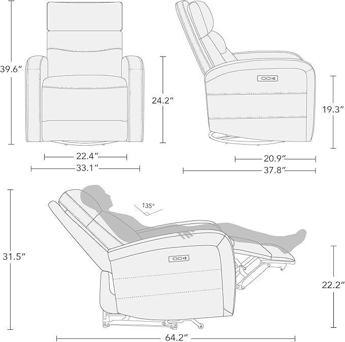 Watson & Whitely Swivel Recliner with Power Headrest, Recliner Chairs for Adults, Small Glider Rocker for Living Room, Faux Leather in Cream