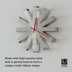 Umbra Ribbon Modern 12-inch Wall Clock, Battery Operated Quartz Movement, Silent Non Ticking Wall Clock, Stainless Steel