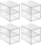 mDesign Stackable Storage Containers Box with 2 Pull-Out Drawers - Stacking Plastic Drawer Bins for Kitchen Pantry and Cupboard, Cabinet, Counter, Island and Tables - Lumiere Collection, 4 Pack, Clear
