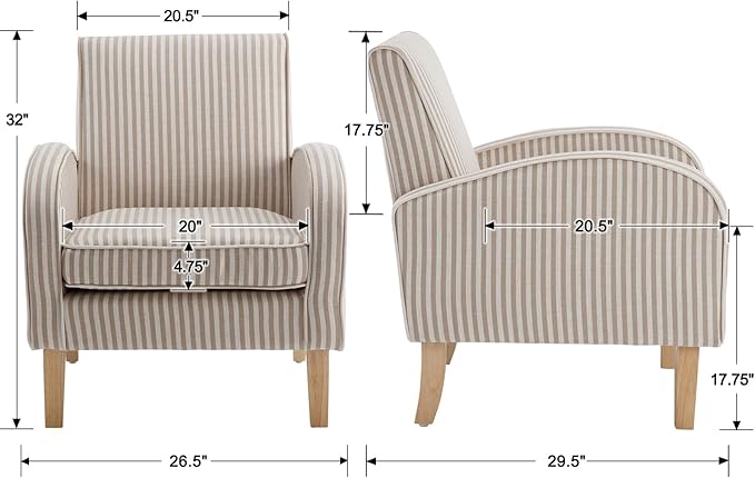 Striped Accent Chair for Living Room, Farmhouse Linen Upholstered Striped Arm Chair Seat Reading Chairs Bedroom Side Seating for Home Office, Beige with Stripe