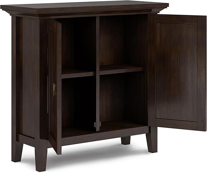 SIMPLIHOME Redmond SOLID WOOD 32 inch Wide Transitional Low Storage Cabinet in Brunette Brown for the Living Room, Entryway and Family Room