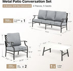 4 Piece Metal Outdoor Patio Furniture Sets, Patio Conversation Sets 1 3-seater Sofa, 2 Fixed Chair with 5.75" Extra Thick Cushion and Coffee Table, Black Frame Backyard Furniture, Gray