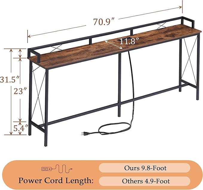 VECELO 71 Inch Console Table with 2 Outlet and 2 USB Ports, Entryway Furniture with 9.8 Feet Long Power Cord, Baffle and Rest Rails, Sturdy and Stable, 70.9”L x 11.8”W x 31.5" H, Brown
