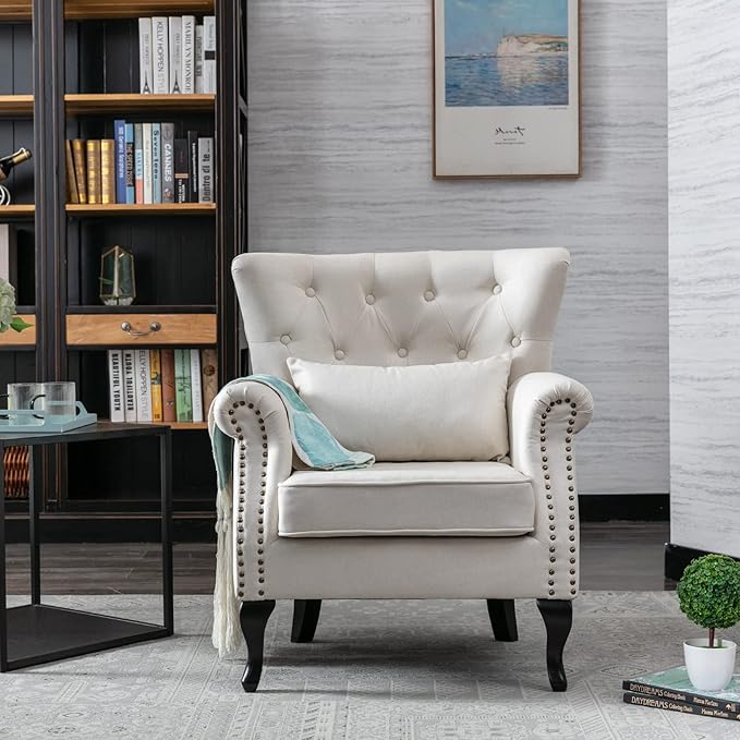 Accent Reading Arm Chairs Set of 2 for Living Room Bedroom, Midcentury Modern Comfy Corner Sofa Chair, Wingback Waiting Room Club Chair with Button Tufted Back &Lumbar Pillow, Linen Beige