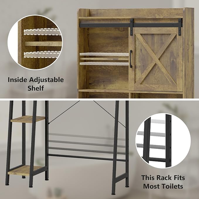 Over The Toilet Storage Cabinet, Farmhouse Storage Cabinet Over Toilet with Sliding Barn Door,Home Space-Saving Toilet Rack, for Bathroom, Restroom, Laundry.Brown.
