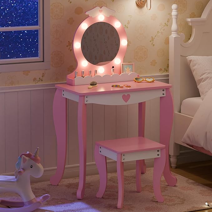 TOLEAD Girls Vanity with Lights, Mirror and Stool, Kids Make Up Vanity Set with Storage Space, Wing Pattern for Little Girls, Toddler Princess Makeup Dressing Table with Chair Set, Pink