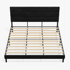 WLIVE King Size Upholstered Bed Frame, Velvet Square Tufted Headboard, Sturdy Metal & Wooden Slats Support, No Box Spring Needed, Black
