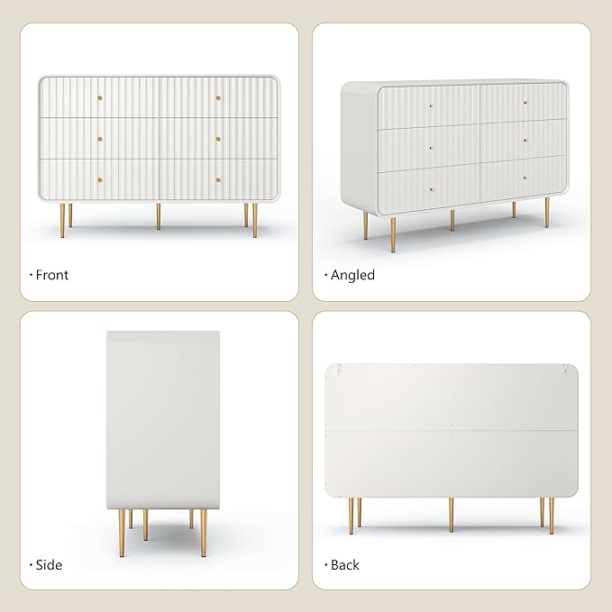HLR White Dresser for Bedroom,48'' Wide Wood Chests of Drawers,Modern Fluted 6 Drawer Dresser with Gold Metal Handles,Clothes Deep Drawer Dressers Storage for Living Room,Hallway