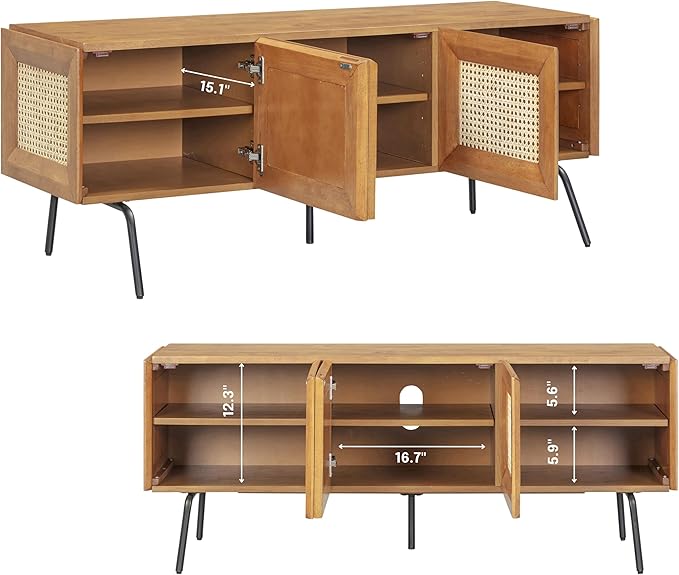 NTC Mossic TV Media Cabinet with 3 Doors for TVs, Entertainment Center with Natural Rattan, Metal Legs, Modern Storage Console for Living Room and Bedroom, Effortless Assembly, Teak Look