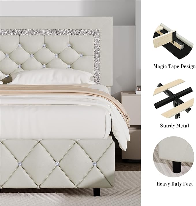 BarnFurin Queen Bed Frame with Diamond Tufted Headboard, Faux Leather Upholstered Bed with Wooden Slats Support, No Box Spring Needed, Mattress Foundation, Easy Assembly, Cream