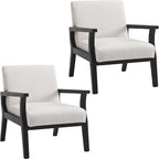 Mid Century Modern Accent Chair Set of 2, Linen Upholstered Living Room Accent Armchair with Black Wood Frame, Farmhouse Chair Indoor Corner Chair for Living Room Bedroom, Beige
