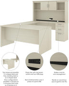 Bestar Logan 66W U or L-Shaped Executive Office Desk with Pedestal and Hutch in White Chocolate