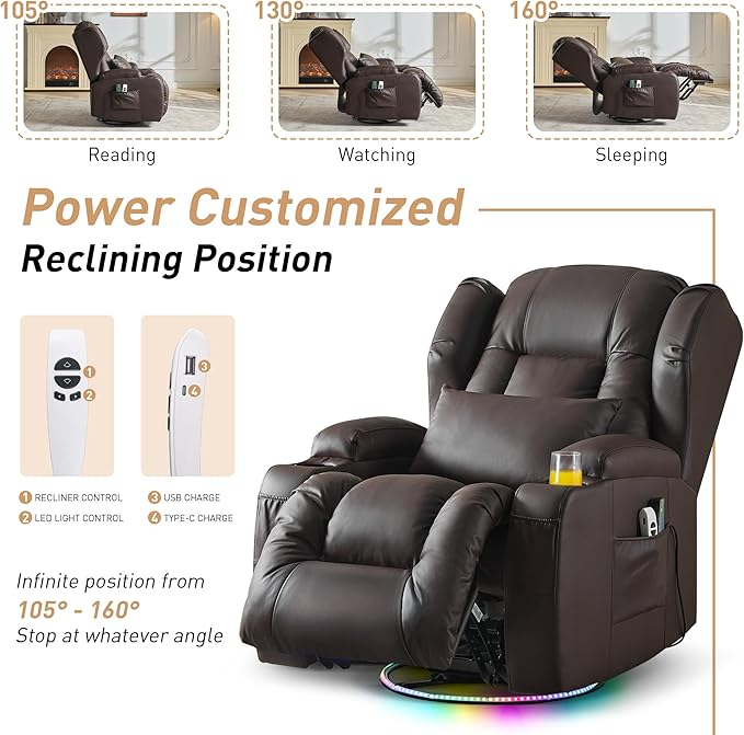Power Swivel Rocker Recliner Chairs, Electric Wall Hugger Reclining Sofa with Massage & Heat, Comfy Theater Seating Single Sofa with LED Light/USB/Type-C Ports (Leather Brown, Single Chair)