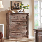 Farmhouse 5 Drawers Dresser for Bedroom, 46" Tall Dressers & Chests of Drawers w/Roman Column, Large Storage Dressers Organizer for Bedroom, Hallway, Living Room, Light Brown