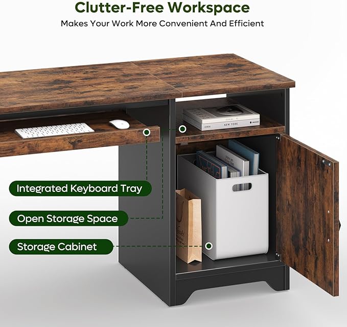 Bestier Office Desk with Keyboard Tray, 47 inch Industrial Computer Desk with Storage, Reversible Executive Desk with File Cabinet for Home Office Bedroom, Rustic Brown