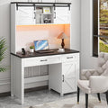 Vabches Farmhouse 47" Executive Desk, Computer Desk with 2 Drawers, LED Light and Storage Cabinet, Home Office Desk with Hutch, Charging Hub, Workstation for Home Office and Study,(Black desktop).