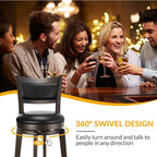 PrimeZone Swivel Bar Stools Set of 2, 26 Inch Counter Height Barstools, Black Faux Leather Bar Stool with High Backrest & Solid Wood Legs & Wrap-around Footrest, Counter Stools for Kitchen Island, Pub