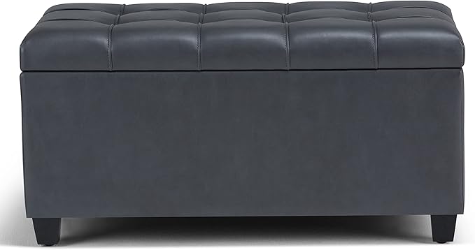SIMPLIHOME Sienna 33 inch Wide Transitional Rectangle Storage Ottoman Bench in Stone Grey Vegan Faux Leather, Assembled, For the Living Room, Entryway and Family Room