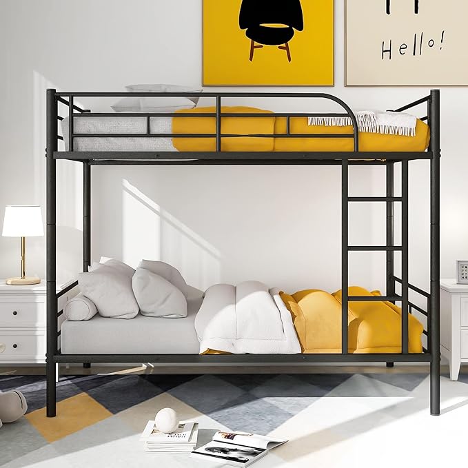 Merax Bunk Bed with Ladder and high Guardrail, Able to Split, Metal Bunk Bed, Storage Space, Noise Free,Twin Over Twin Size,Black