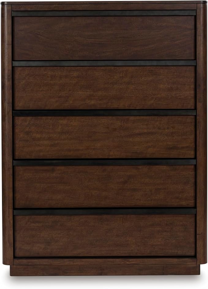 Signature Design by Ashley Kendamor Contemporary 5-Drawer Chest with Felt-Lined Top Drawer and Easy Glide for Bedroom, Dark Brown