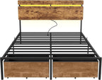 Forestell Full Size Bed Frame with Wood Headboard, Metal Platform Bed with 2 Storage Drawers & Shelf, Built in Charging Station & LED Lights, No Box Spring Needed, Vintage Brown, Camas Full